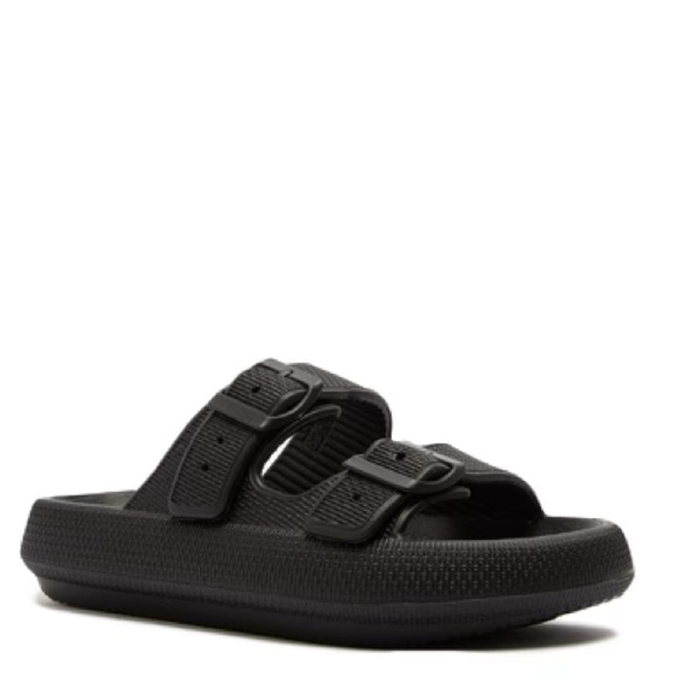 Rare Find! Qupid KEY Women Black Vinyl 2-Band  Padded Bubble Slide Sandals 7